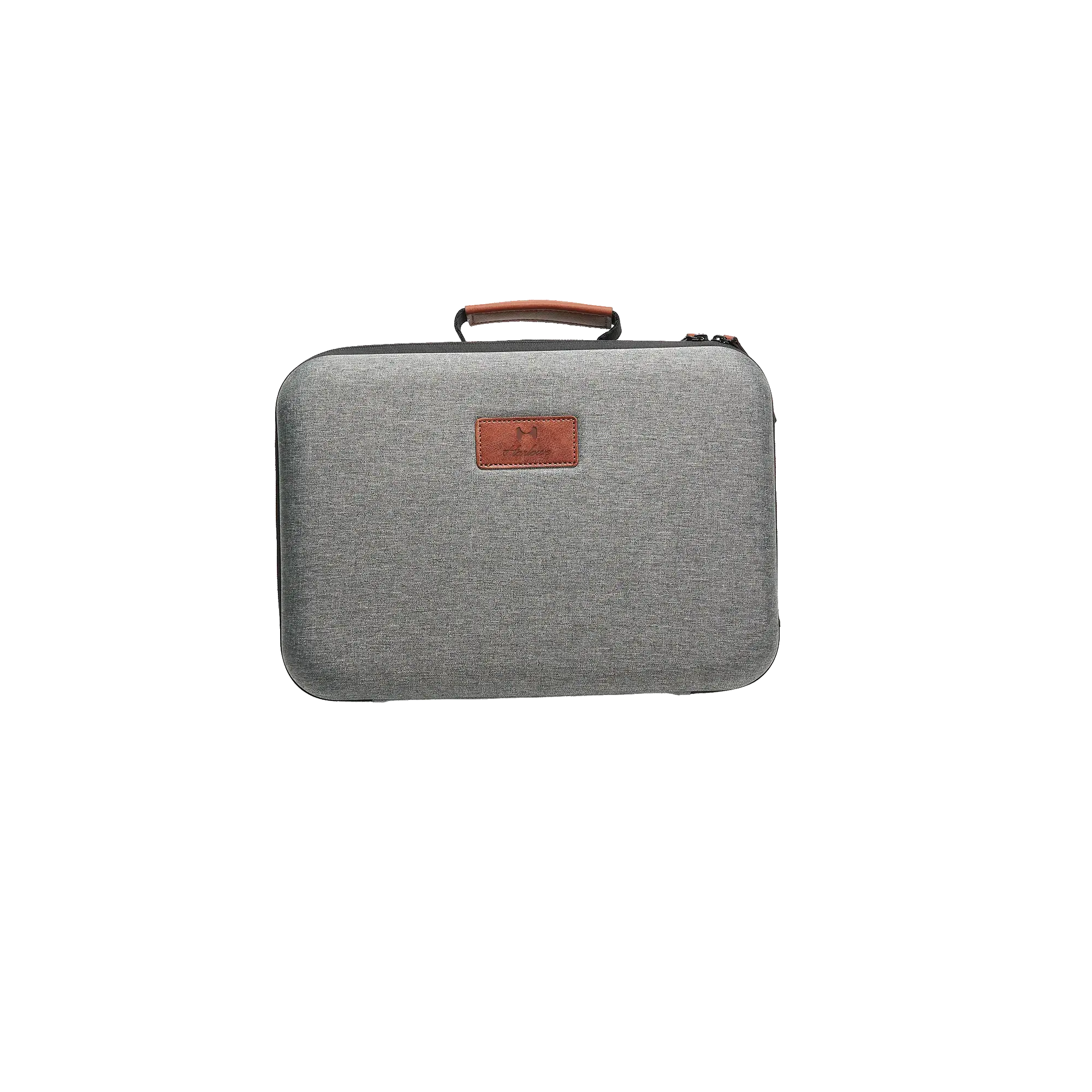 Harlowe Max 40W Creator Kit Case in grey fabric with brown leather handle and logo patch.