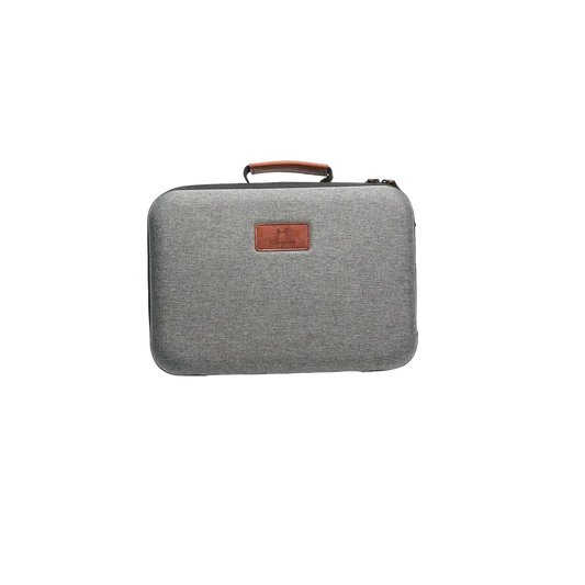 Harlowe Max 40W Creator Kit Case in grey fabric with brown leather handle and logo patch.