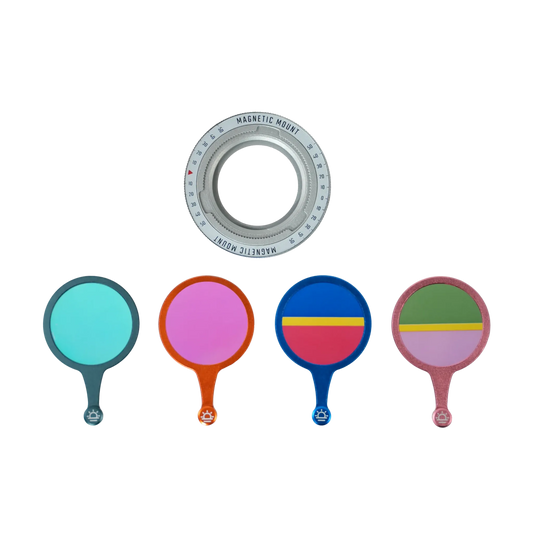Light Modifier Gel Kit for Micro: silver magnetic adapter ring and four colorful gel filters for creative photography.