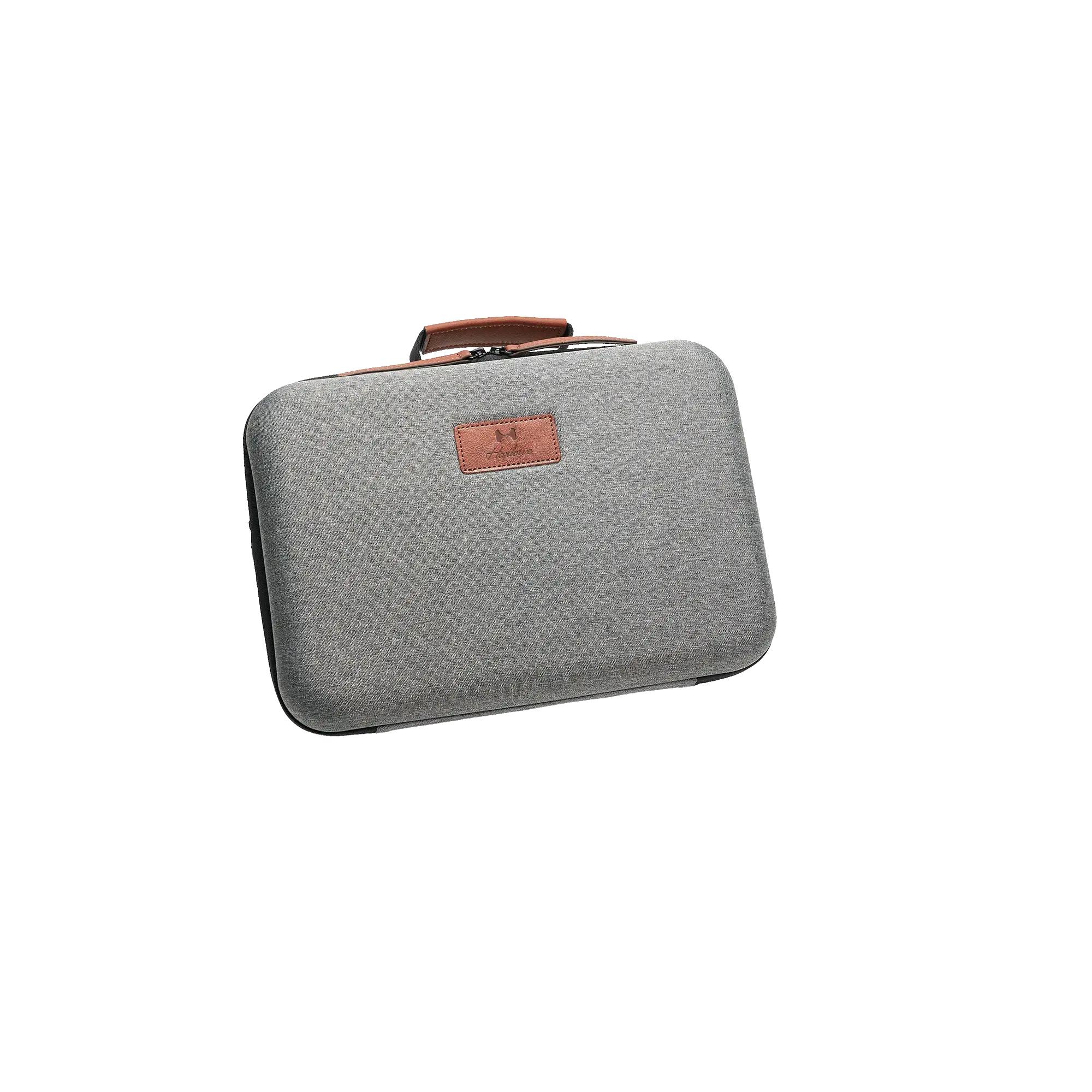 Harlowe Max 40W Creator Kit case in textured grey fabric with brown leather handle and logo patch, closed for transport.
