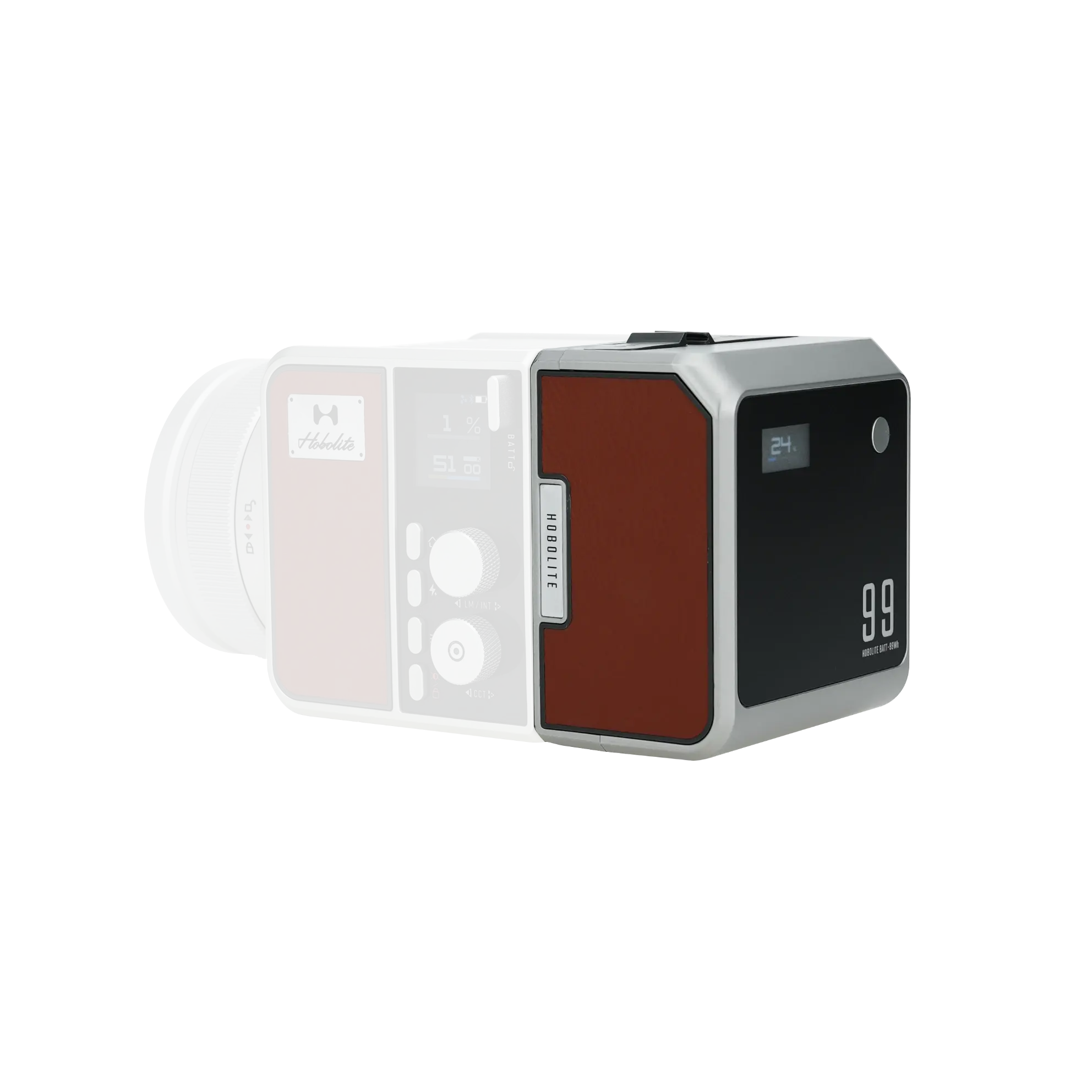 Hobolite Max 99Wh V-Mount battery pack with sleek silver metallic frame, brown leather-like side panel, and digital display showing battery status.