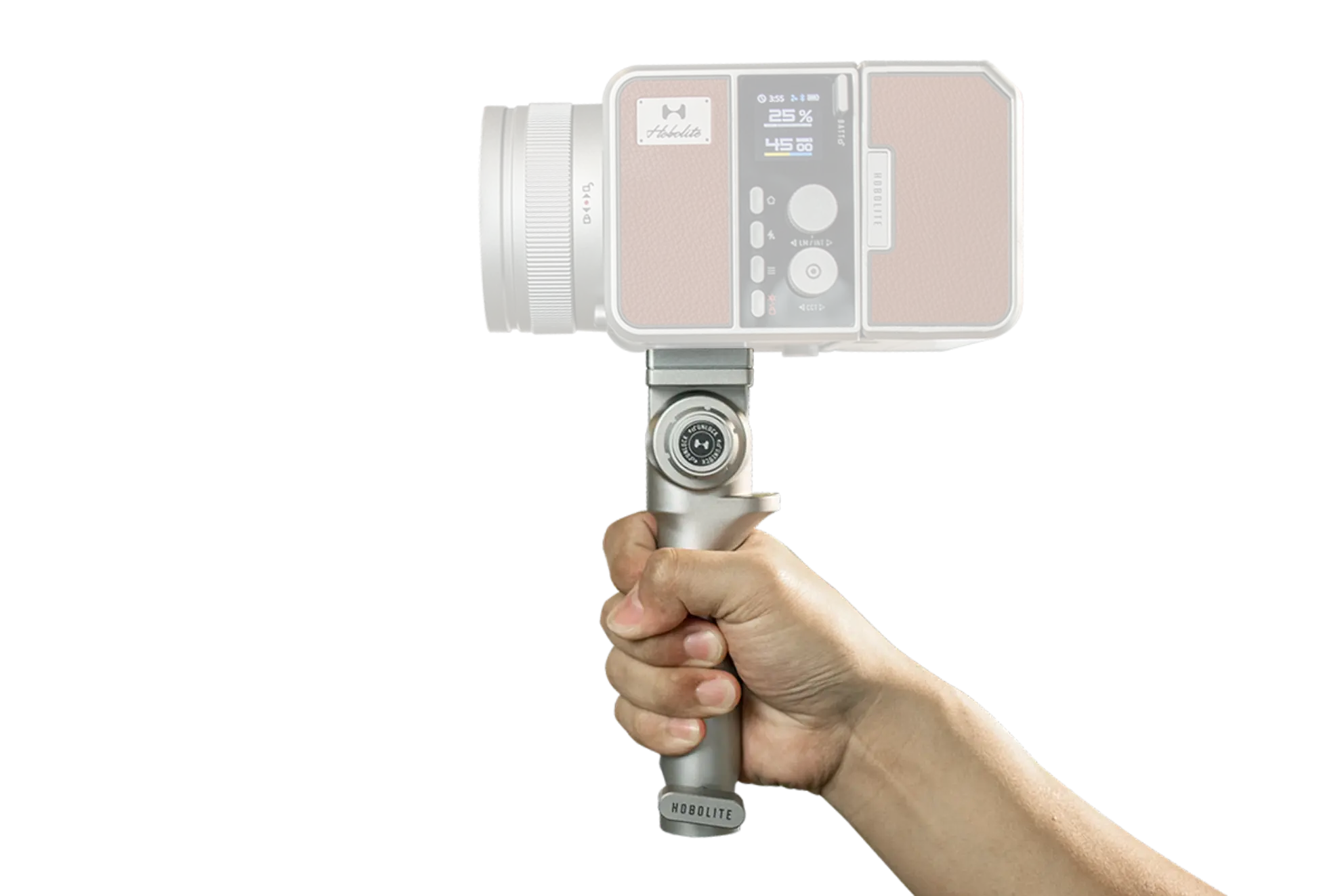 Silver Hobolite Max Handle with ergonomic grip, securely mounting a professional LED light module.