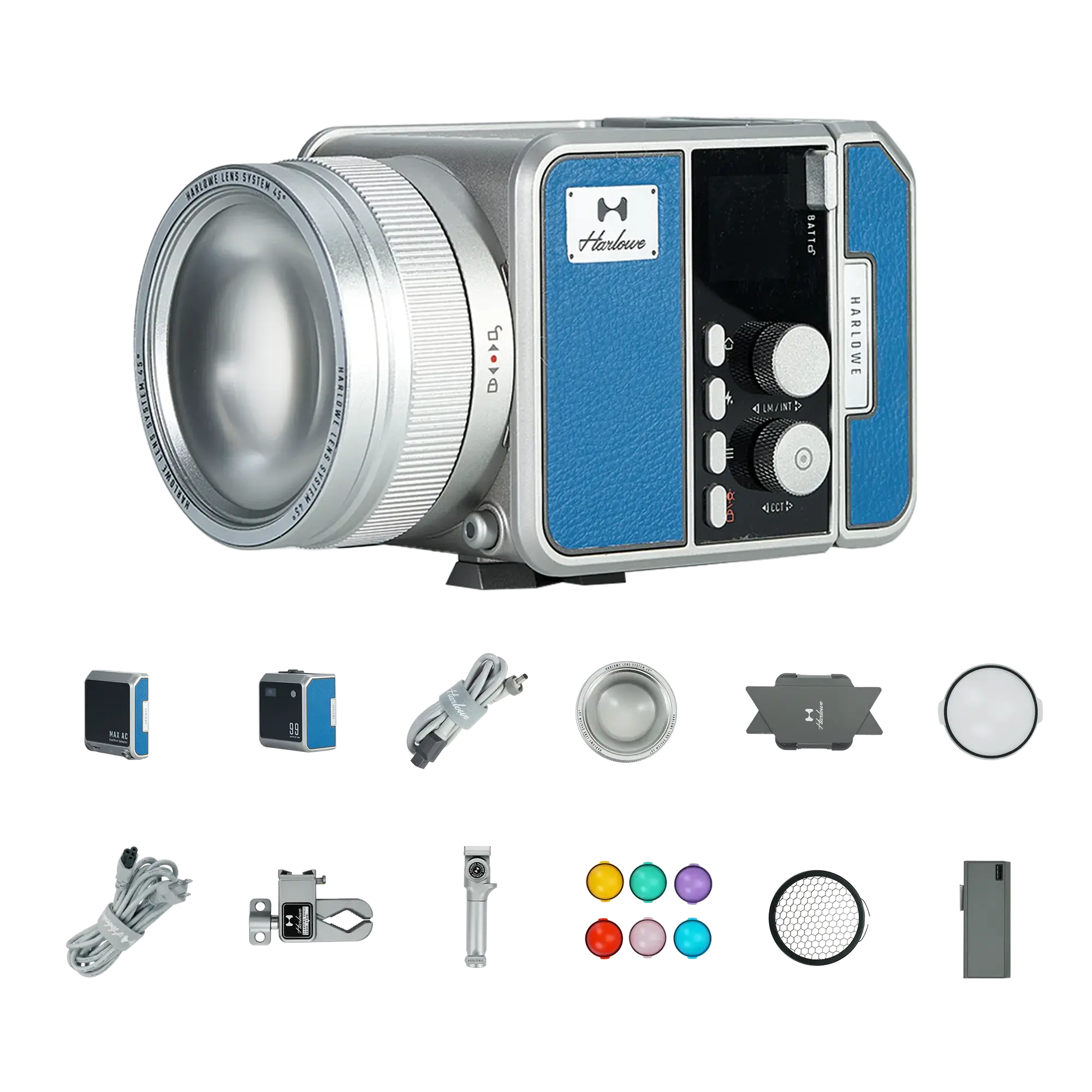 Max-X 80W LED light kit: vintage silver/blue, with gels, diffusers, cables, mounts. Product appearance.