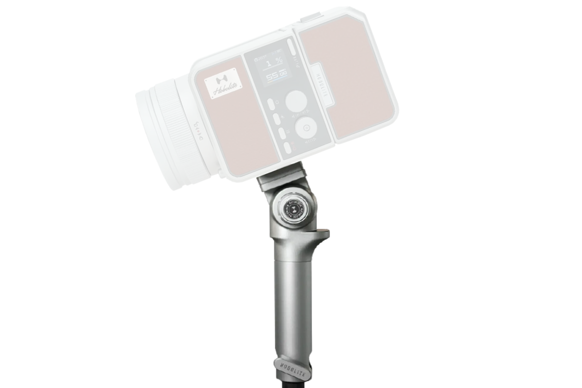 Hobolite Max Handle with quick release V-mount and ratcheting pivot for professional lighting equipment.