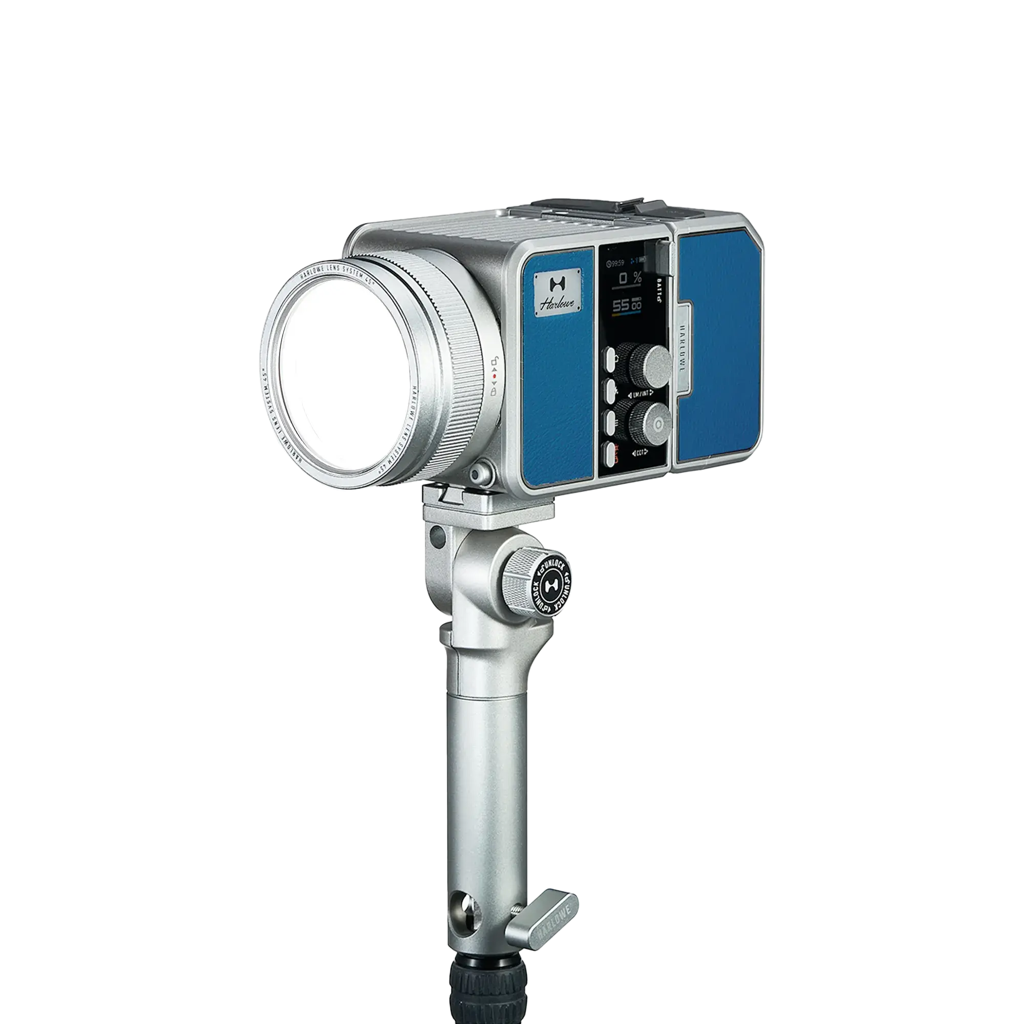 Max-X 80W portable LED light kit for videography and photography, silver and blue bi-color design with digital controls.