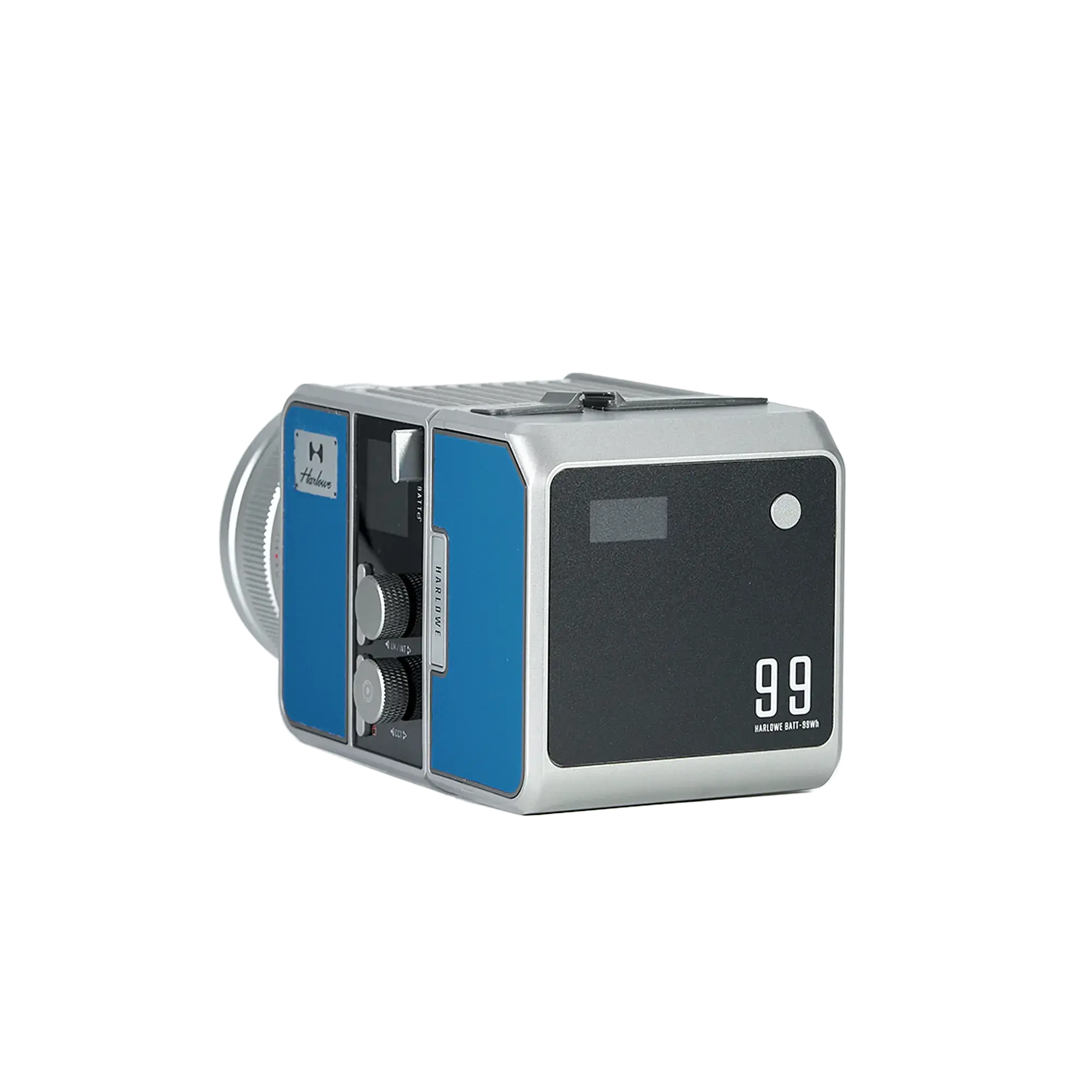 Max-X 80W bi-color LED light kit, vintage camera design, silver body, blue panels, twin dials, digital display.