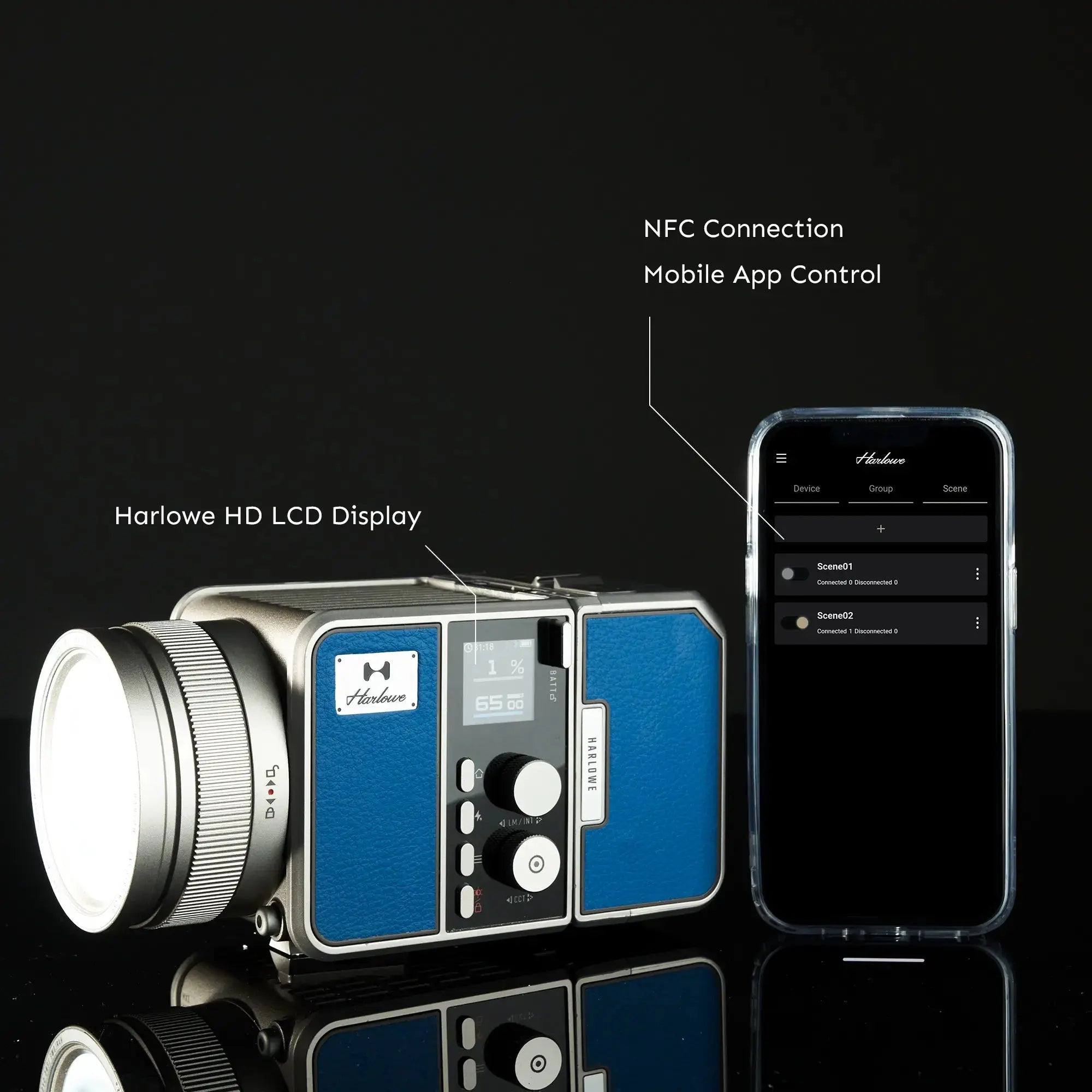 Max-X 80W LED light control via smartphone app and LCD screen for videography.