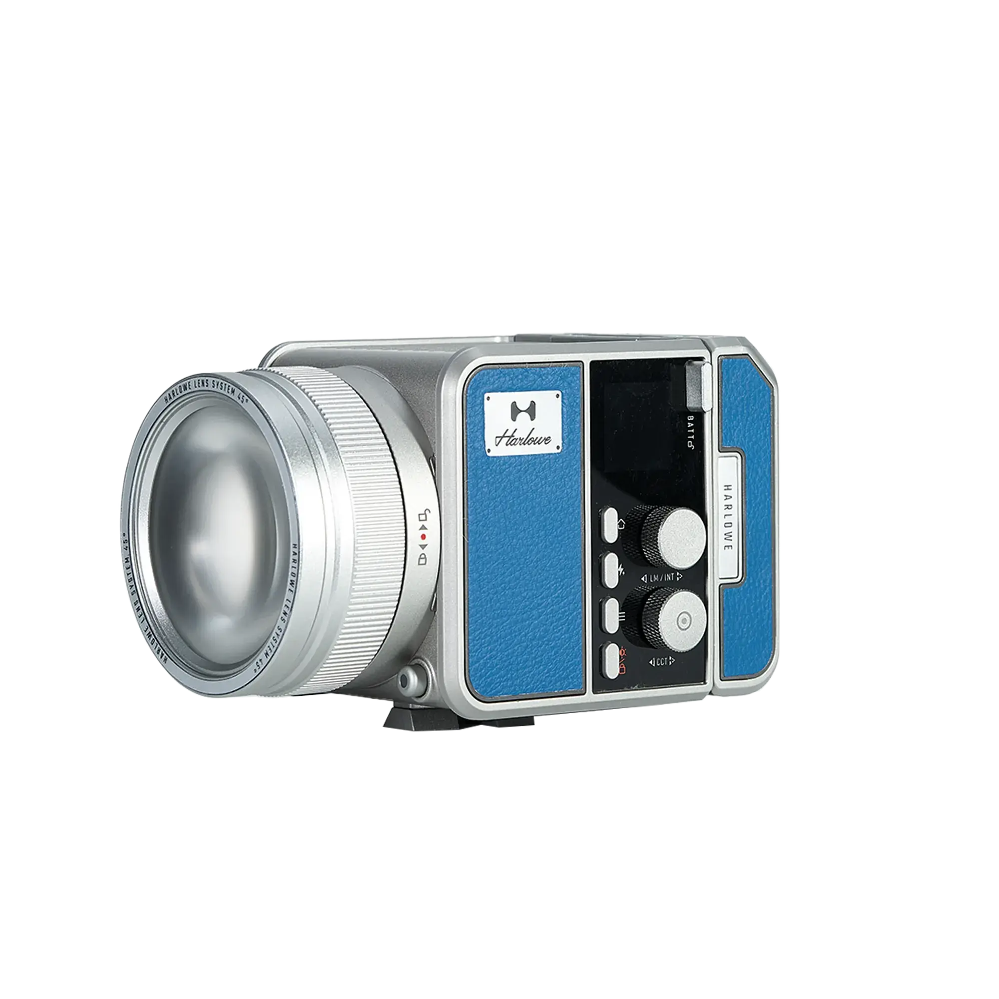 Max-X 80W LED light: vintage camera design, silver body, blue panels, large lens. Product appearance for videography.