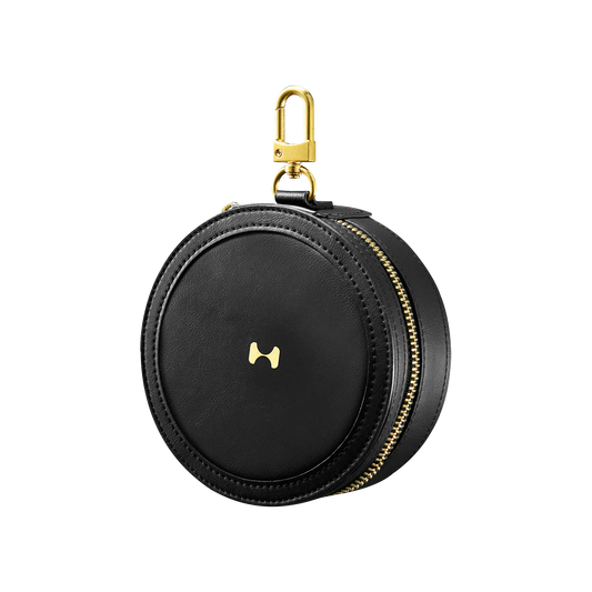 Black leather Harlowe bag for Sol 5 and softbox with gold zipper and clasp.