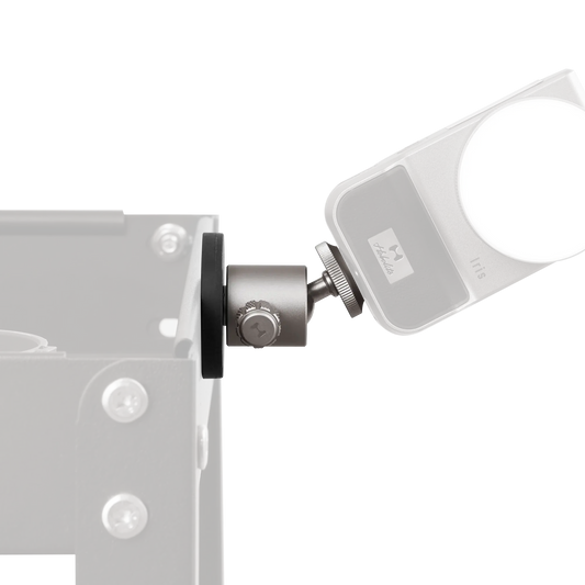 Harlowe Ballhead Magnetic Mount secures compact light to metal surface, showing adjustable ball head and knurled knob.