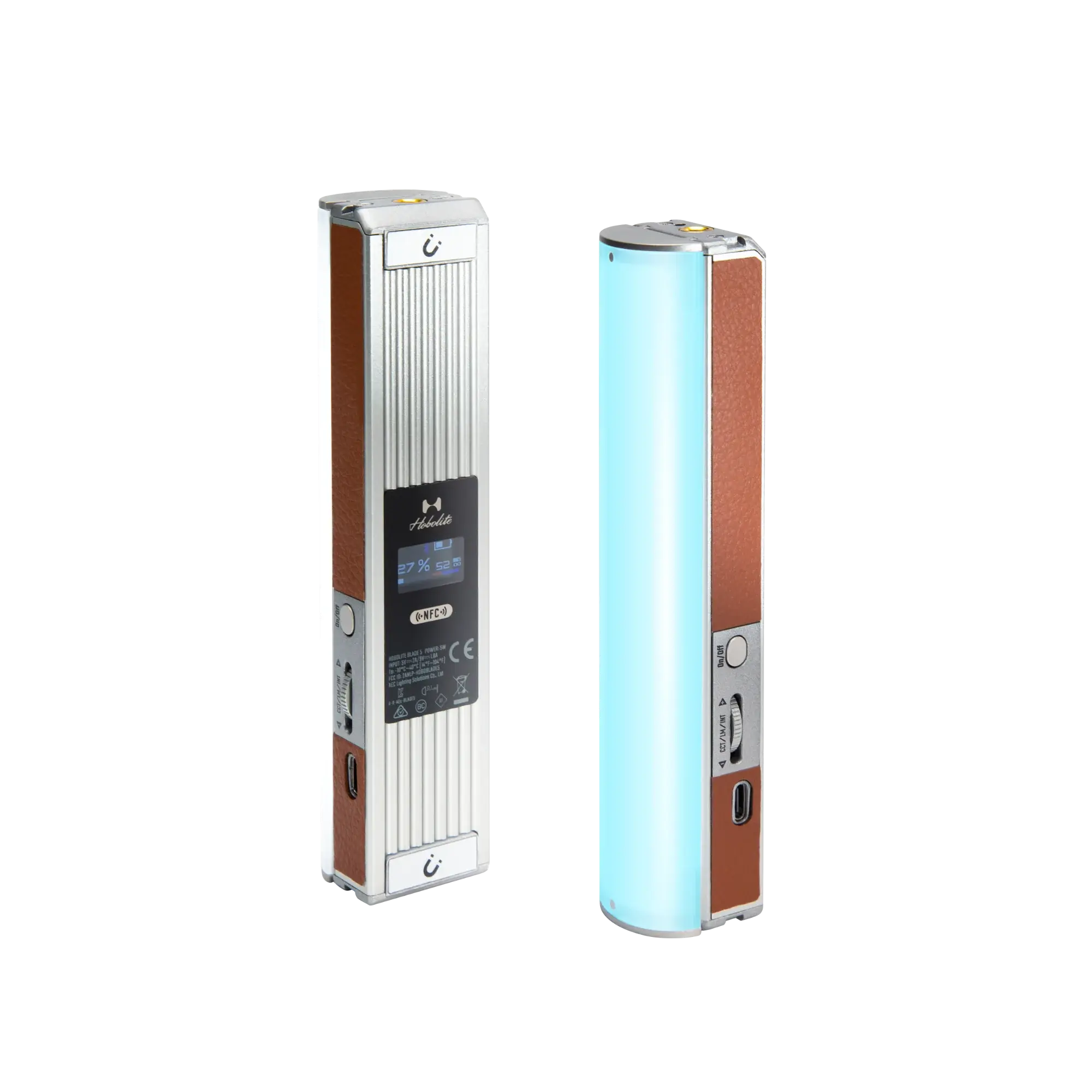 Harlowe Blade 5 Bi-Color & RGB Tube Light, one off with display, one on with cyan light.