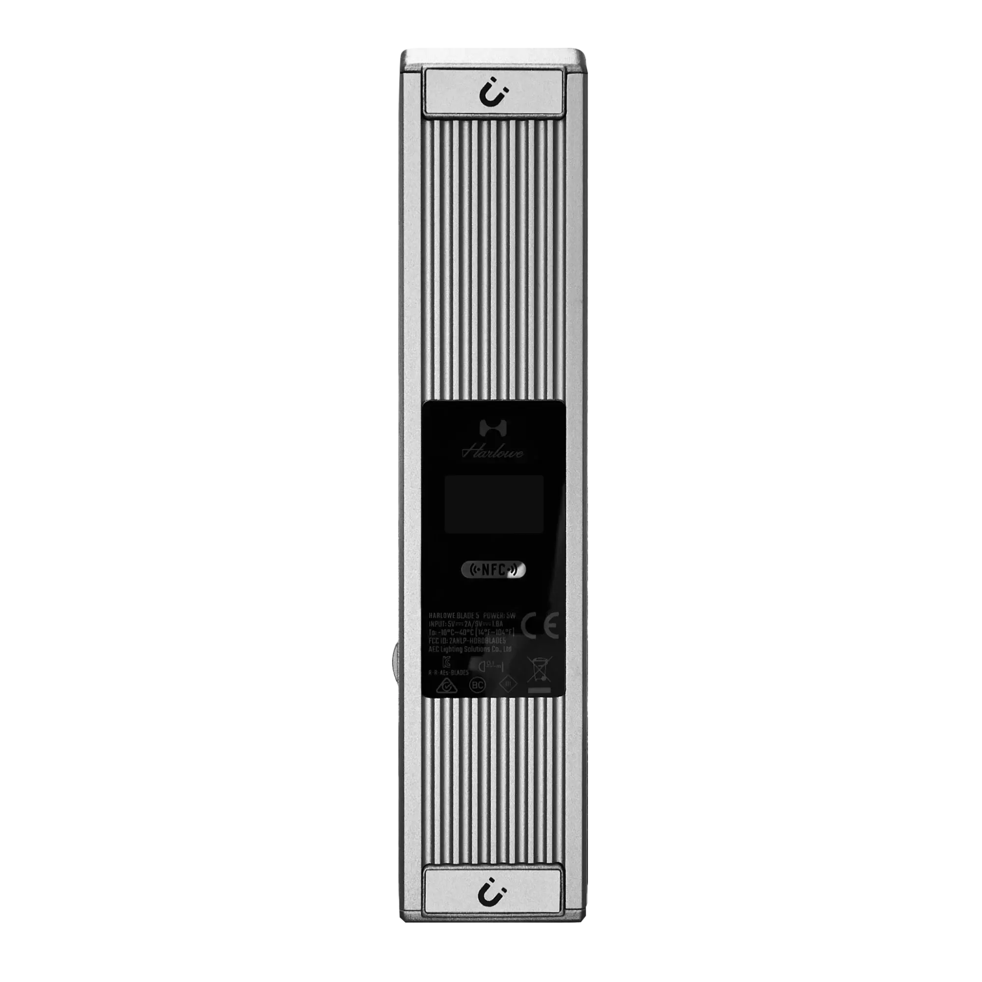 Harlowe Blade 5 Bi-Color & RGB Tube Light with display screen and NFC indicator on a black background.