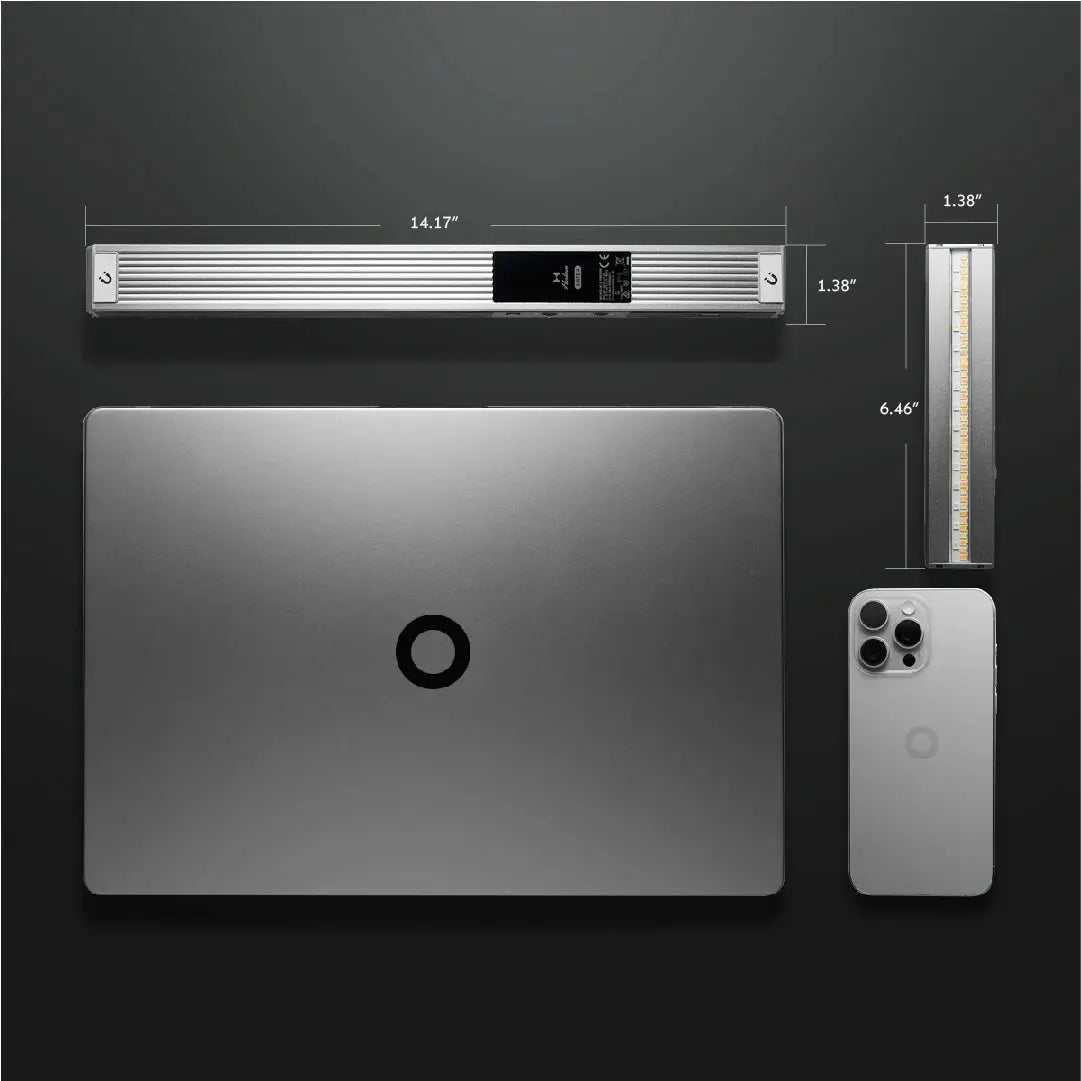 Harlowe Blade 5 & 10 RGB tube light shown next to a laptop and smartphone, illustrating product size.