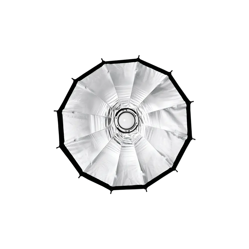 Harlowe 30in deep softbox lighting modifier, 16-panel parabolic with silver interior, product design.