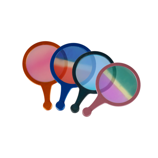 Hobolite Iris Colored Gel Filters Essentials Pack with four vibrant gradient photography light filters in orange, blue, light blue, and green.