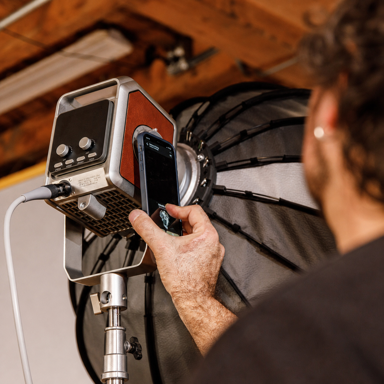 Creator adjusting a Harlowe studio light with a softbox using a smartphone.