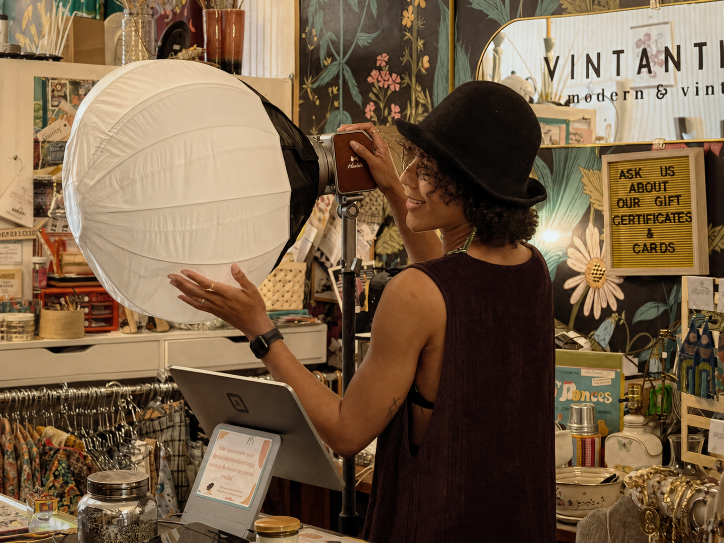 A photographer adjusts a Harlowe studio light with a round softbox during an on-location shoot in a vintage shop.
