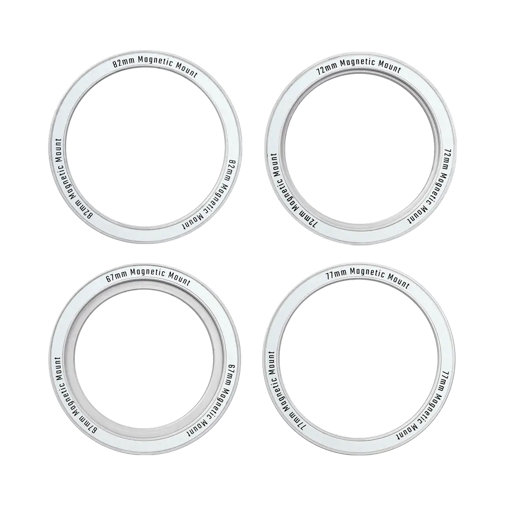 Harlowe Gobo & Lens FX Creator Kit: Four silver magnetic adapter rings (82mm, 72mm, 77mm, 67mm) for camera lens attachment.
