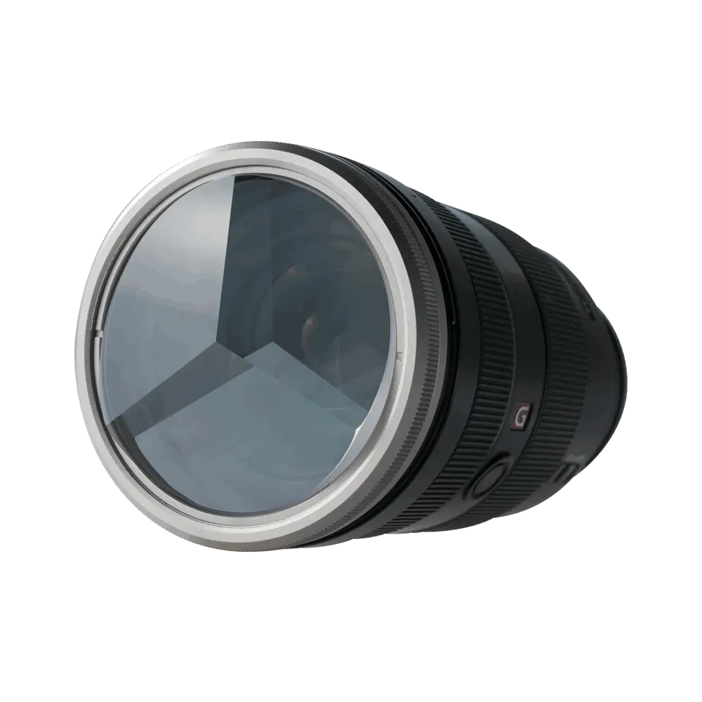 Harlowe Gobo & Lens FX Creator Kit: clear glass lens with tri-section pattern and magnetic silver mount on black camera lens.