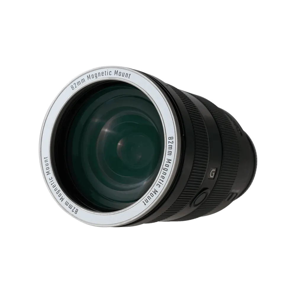 82mm magnetic mount adapter on black camera lens with ribbed texture and 'G' logo for Harlowe Gobo & Lens FX Kit.