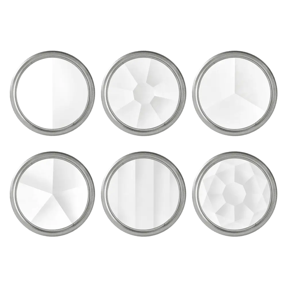 Harlowe Gobo & Lens FX Kit: Six etched glass lenses with unique patterns for cinematic lighting effects.
