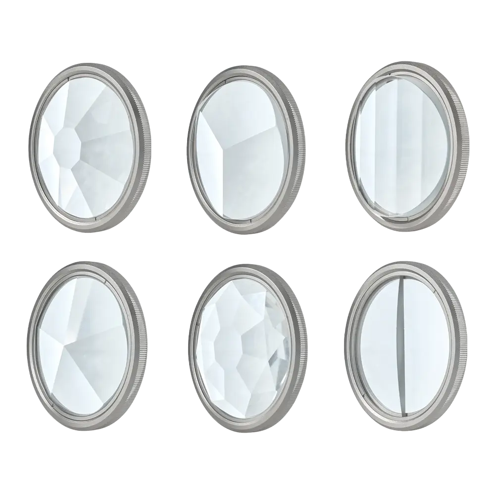 Harlowe Gobo & Lens FX Kit: Six oval glass lenses with unique patterns in silver rims for cinematic lighting.