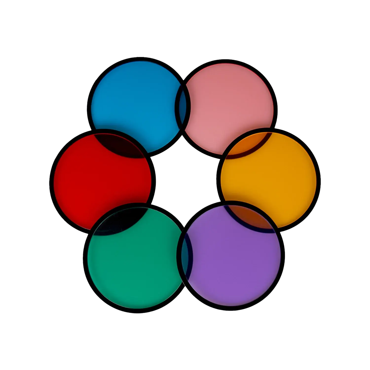 Six Hobolite Avant color gels arranged in a circular pattern: red, blue, pink, orange, purple, and green.