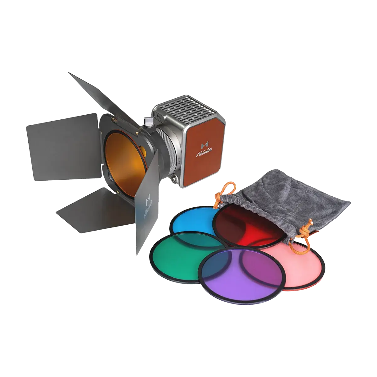Hobolite Avant light with barn doors, amber gel, and a pouch of six colored gels: red, blue, green, purple, pink, violet.