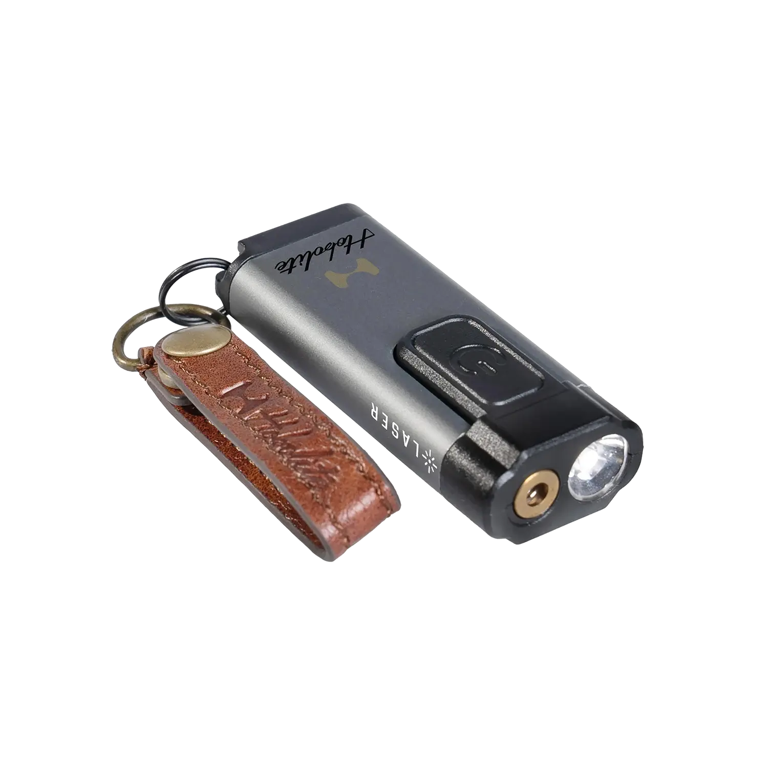 Grey Hobolite keychain light with flashlight, laser, and brown leather fob.