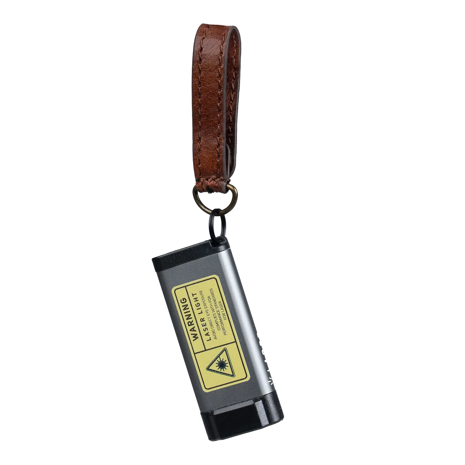 Hobolite compact keychain light, grey metallic body, black tip, brown leather fob, brass ring, LASER LIGHT warning label.