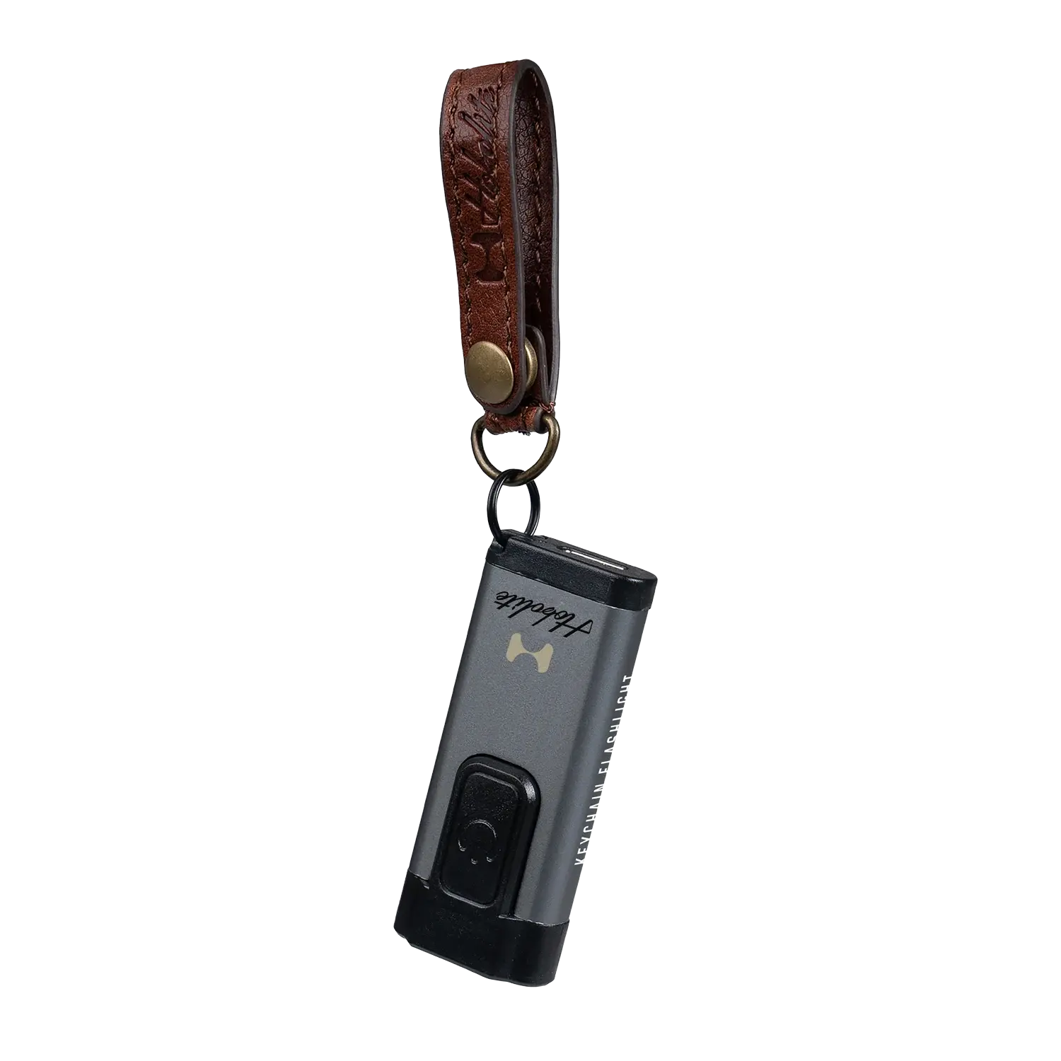 Hobolite compact grey keychain light with black button and brown leather fob attached to brass ring.