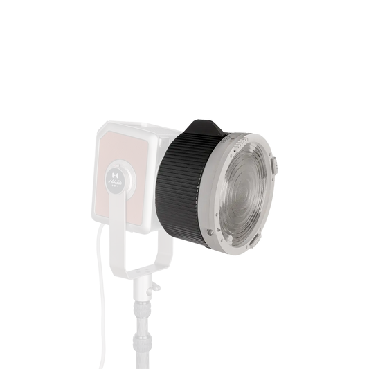 Hobolite Pro Adjustable Lens, Fresnel lens, Bowens mount, beam angle adjustment, on light stand for product showcase.