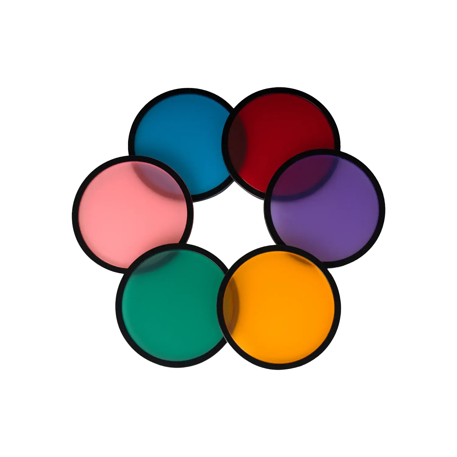 Hobolite Mini Color Gels: set of 6 gels in blue, red, purple, pink, green, orange in circular arrangement.