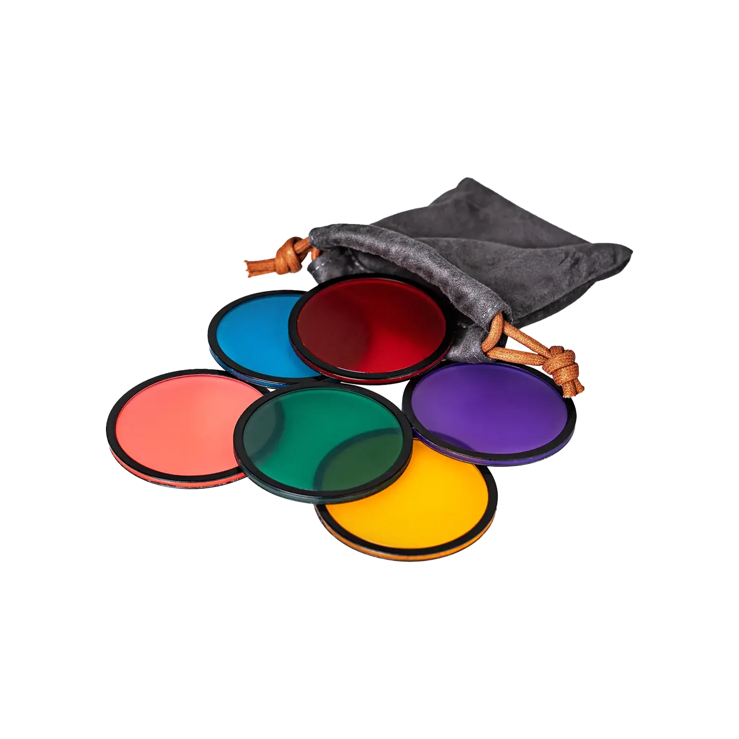Hobolite Mini Color Gels: six circular gels in blue, red, green, orange, pink, purple spilling from gray pouch.
