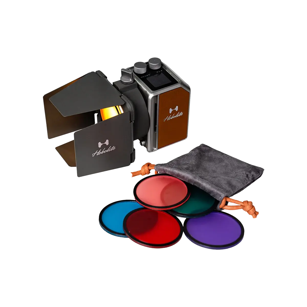 Hobolite Mini LED light with barn doors, 6 magnetic color gels (blue, red, green, purple, orange, pink), and pouch.