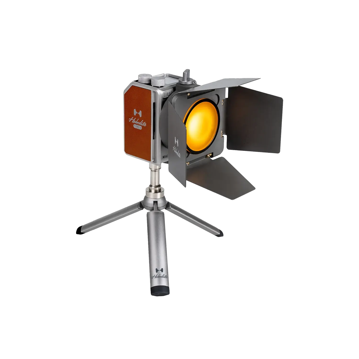 Hobolite Mini LED light with magnetic color gel barn doors on compact tripod, featuring silver and rust-colored design.