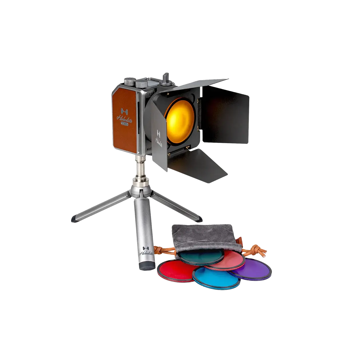 Hobolite Mini Color LED light with black barn doors, multicolor gels, silver tripod, and gray carry pouch.