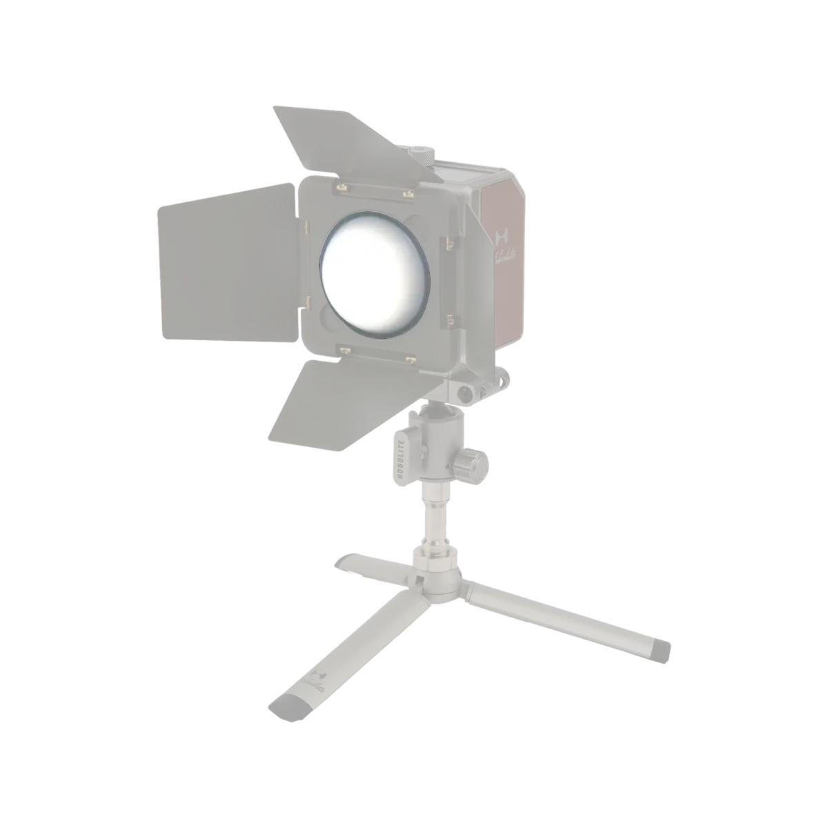 Hobolite Mini Barndoor Set with diffuser dome, color filters, and adjustable flaps on a compact tripod for lighting control.