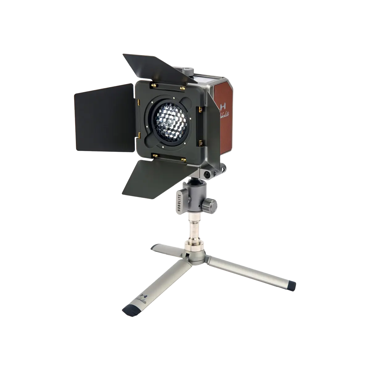 Hobolite Mini Barndoor Set with adjustable barndoors, honeycomb grid filter, and diffuser dome on a portable tripod.