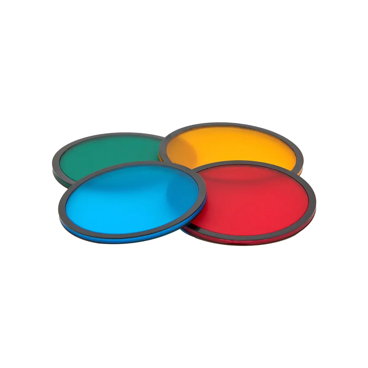 Hobolite Mini Barndoor color filter gels set featuring blue, green, red, and yellow circular filters.