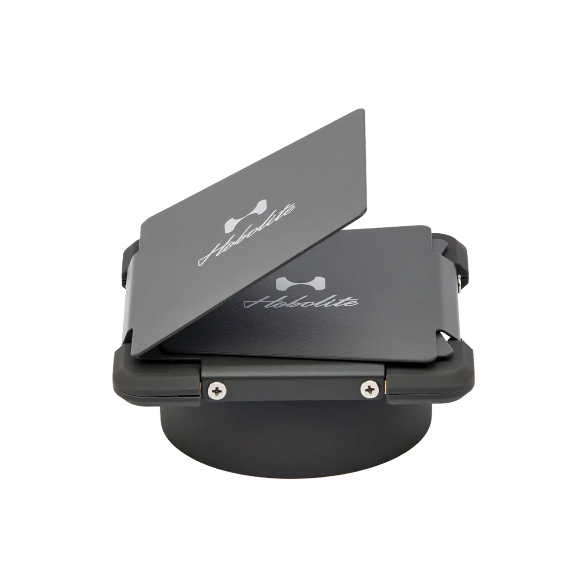 Dark grey Hobolite Mini Barndoor with adjustable metal light control flaps for professional photography lighting.