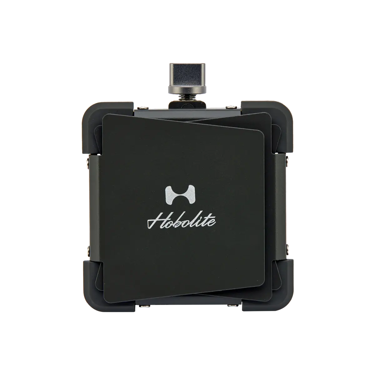 Black Hobolite Mini Barndoor with adjustable side flaps, magnetic lens accessories, and silver top mount for professional content creators.