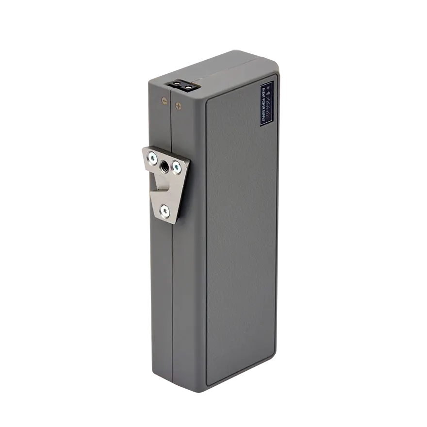 Compact grey Hobolite Avant Power Supply 100W with V-mount bracket, D-tap output, and textured finish for versatile charging.