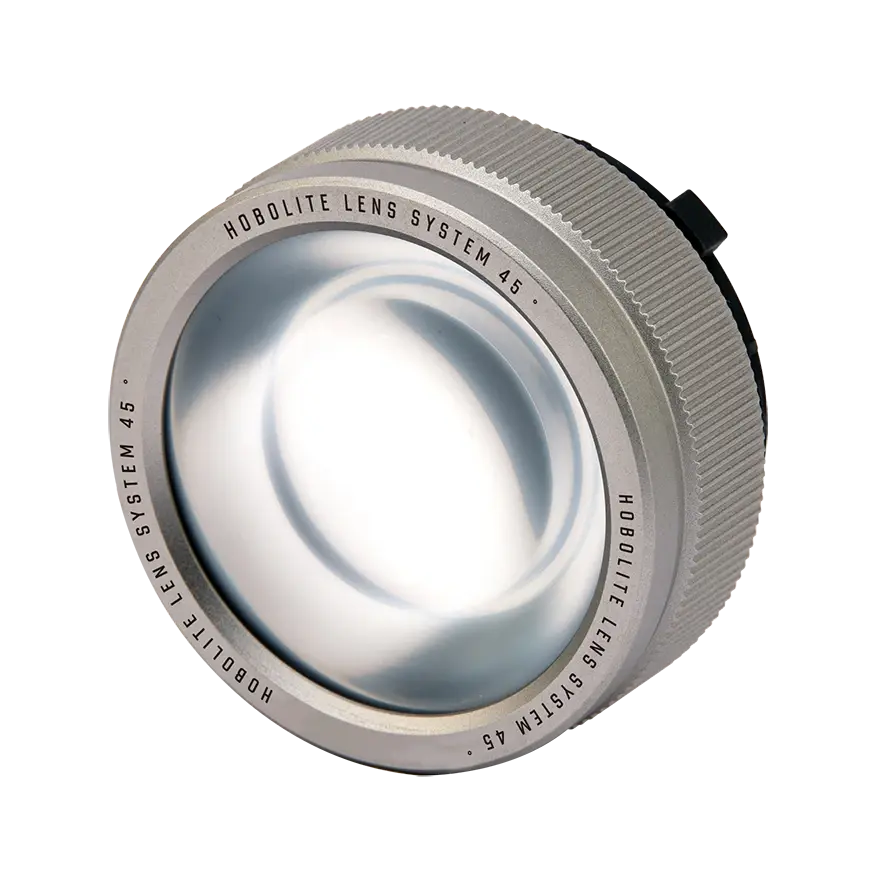 Hobolite Avant Lens System 45 degree silver metal accessory with textured grip and clear glass lens for focused lighting.
