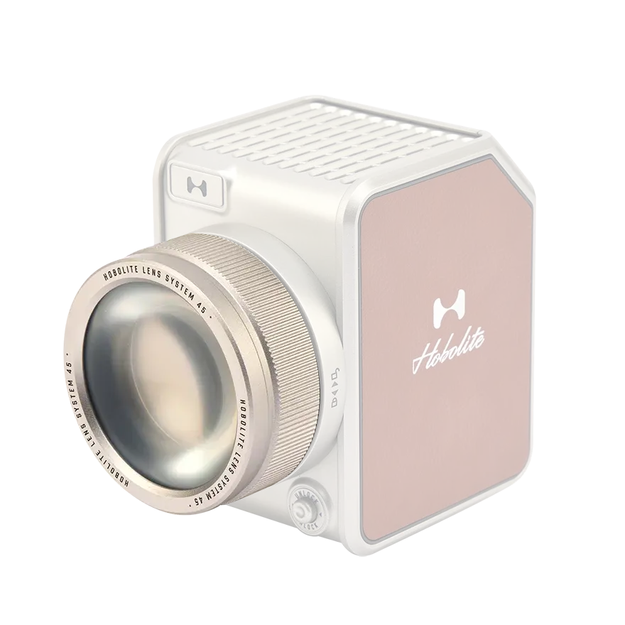 Hobolite Avant Lens System in silver with clear glass lens, textured grip, and brown leather panel featuring logo.