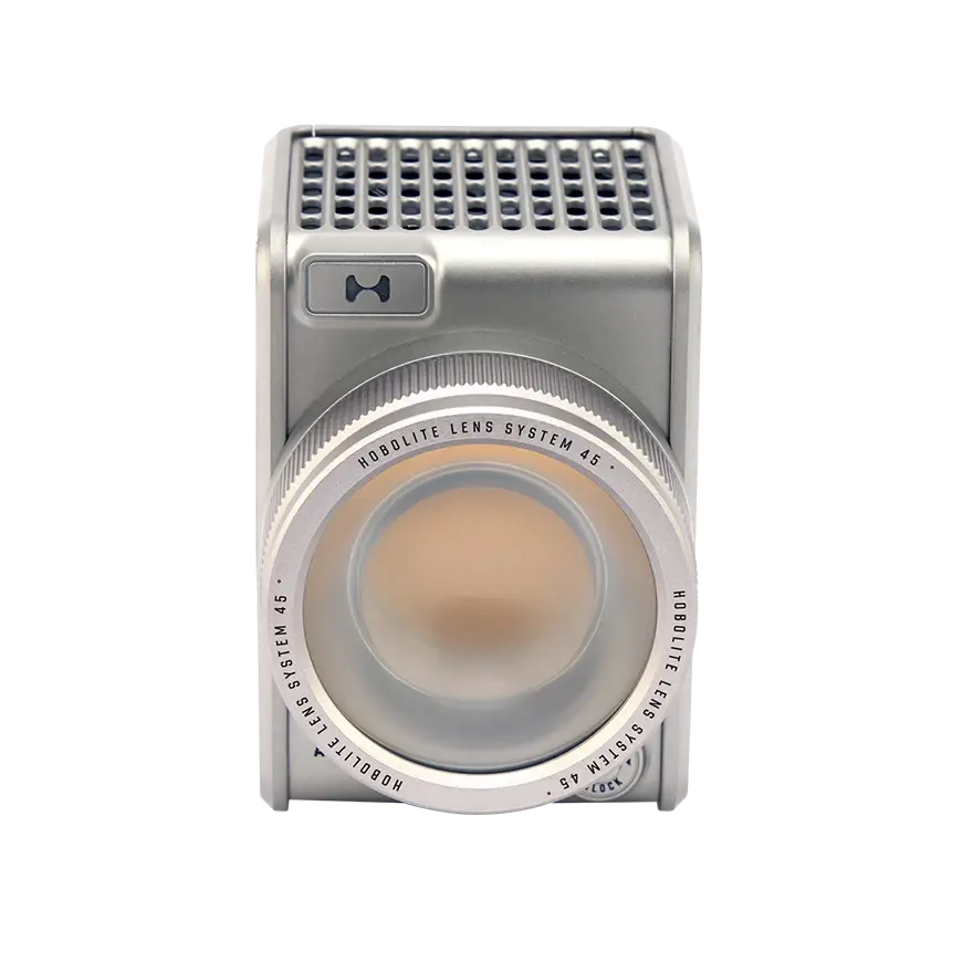 Silver Hobolite Avant Lens System accessory with 45-degree beam angle, featuring metallic finish and clear glass lens.