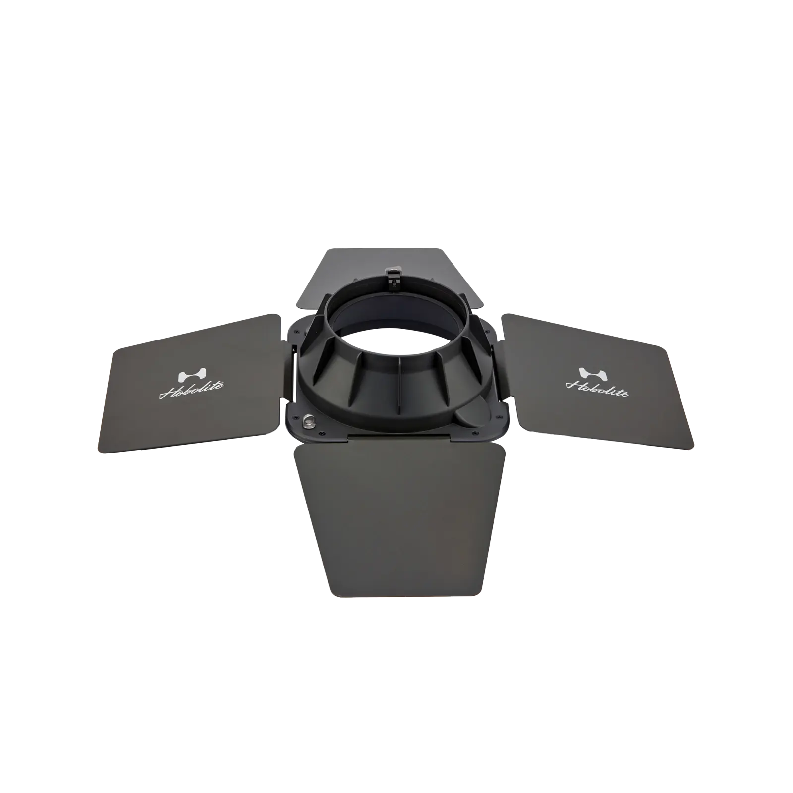 Hobolite Pro Barndoor Set with adjustable black metal doors on a light fixture mount.