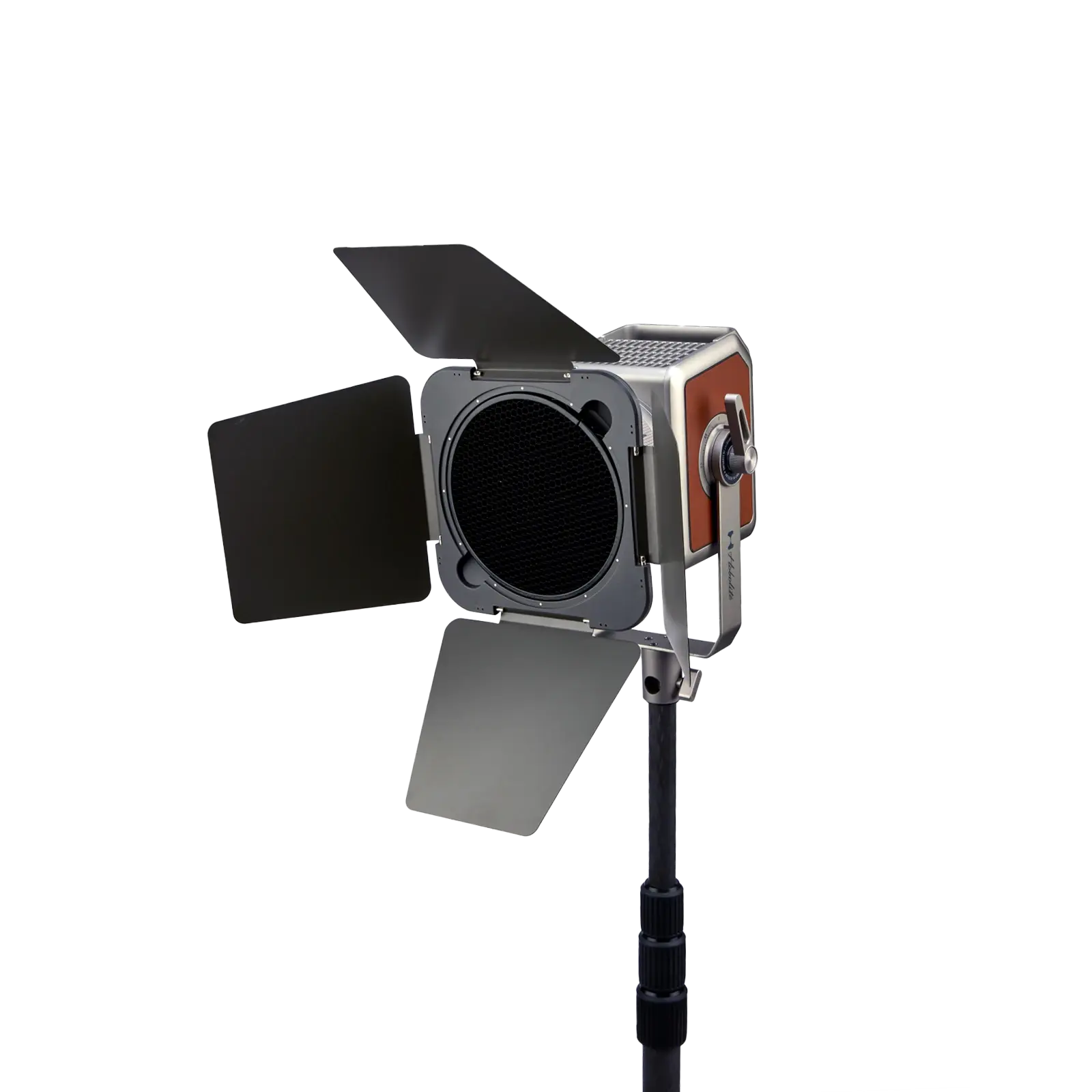 Hobolite Pro Barndoor Set with honeycomb grid and adjustable black metal doors on a light fixture.