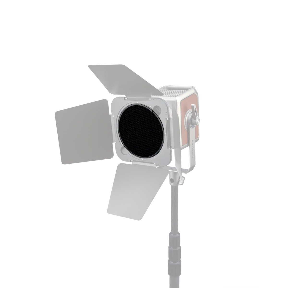 Hobolite Pro Barndoor Set with honeycomb grid and adjustable black doors on light stand.