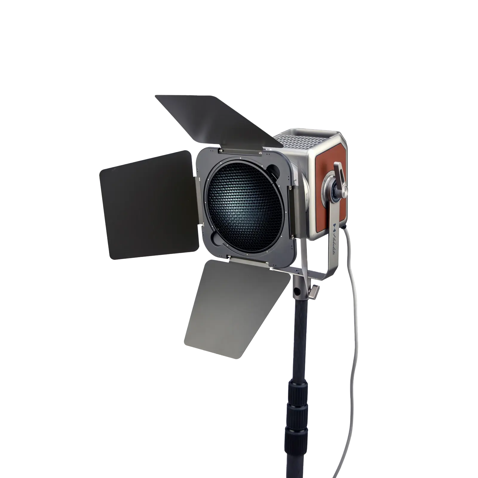 Hobolite Pro Barndoor Set with honeycomb grid and adjustable black doors on a light stand, silver and orange.